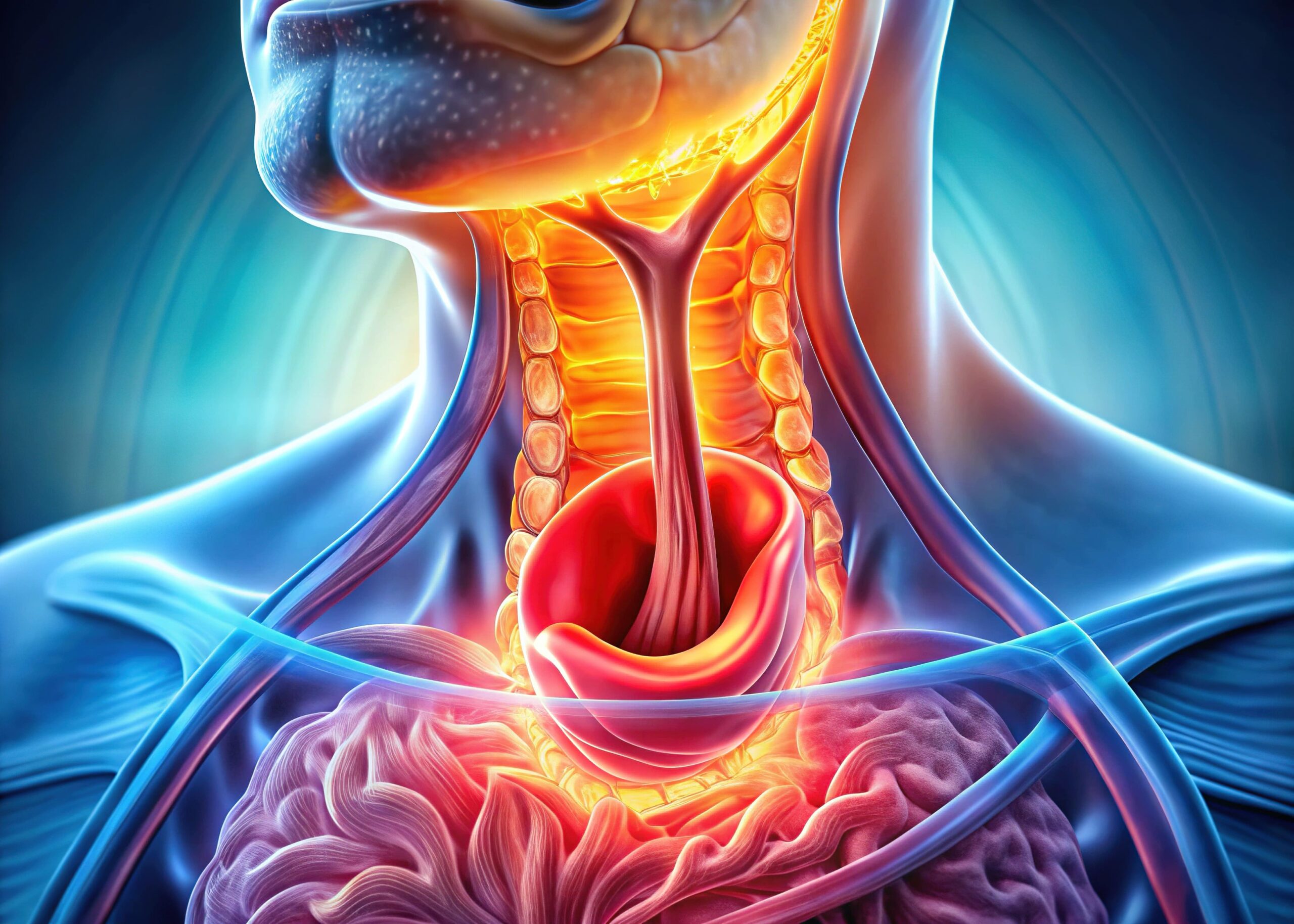 A colorful medical illustration of the human throat and esophagus highlights the trachea, larynx, and tissues in a glowing cross-section.