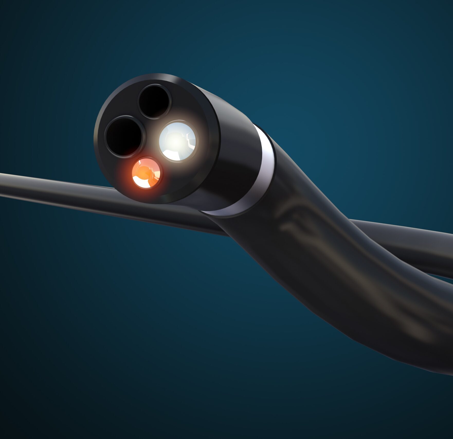 Close-up of a black, flexible medical endoscope featuring three round lenses or lights at its tip on a dark blue gradient background.