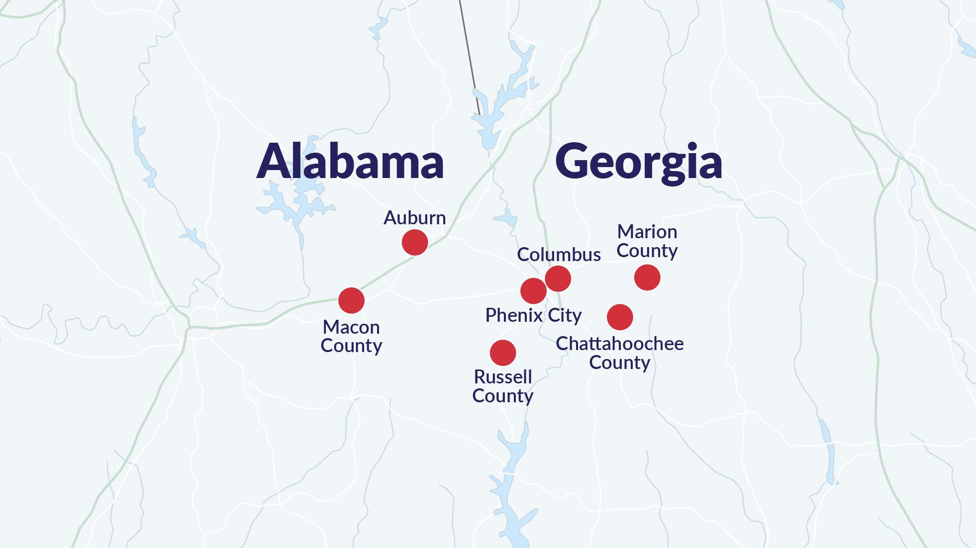 Map of the Alabama-Georgia border with Auburn, Macon County, Russell County, Phenix City, Columbus, Chattahoochee and Marion Co. marked with red dots.